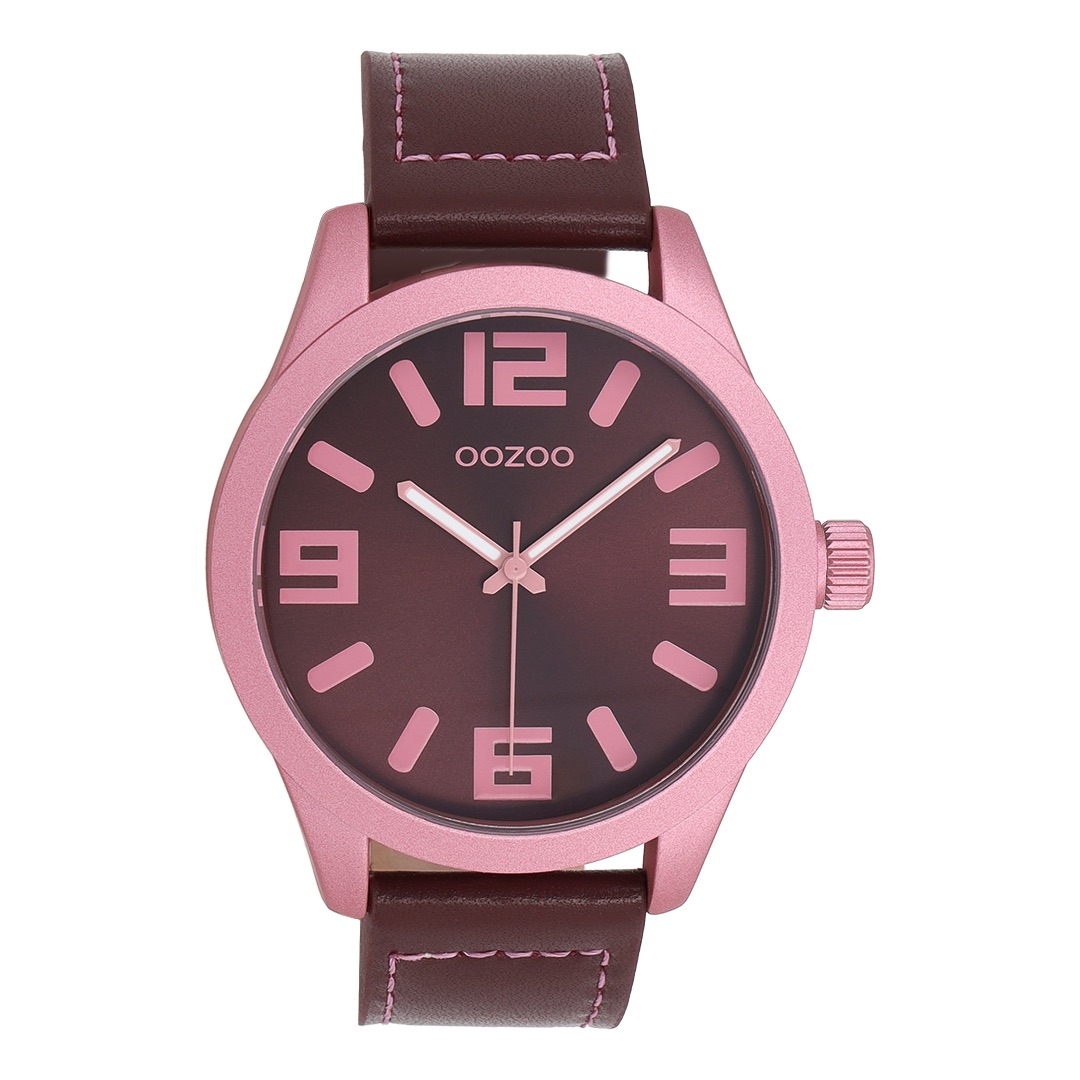 Pink coloured OOZOO watch with bordeaux leather strap